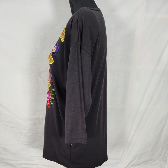 Vtg Victoria Harbour Medium Sequin Embellished Black 3/4 Sleeve Floral Shirt Top - Picture 10 of 11